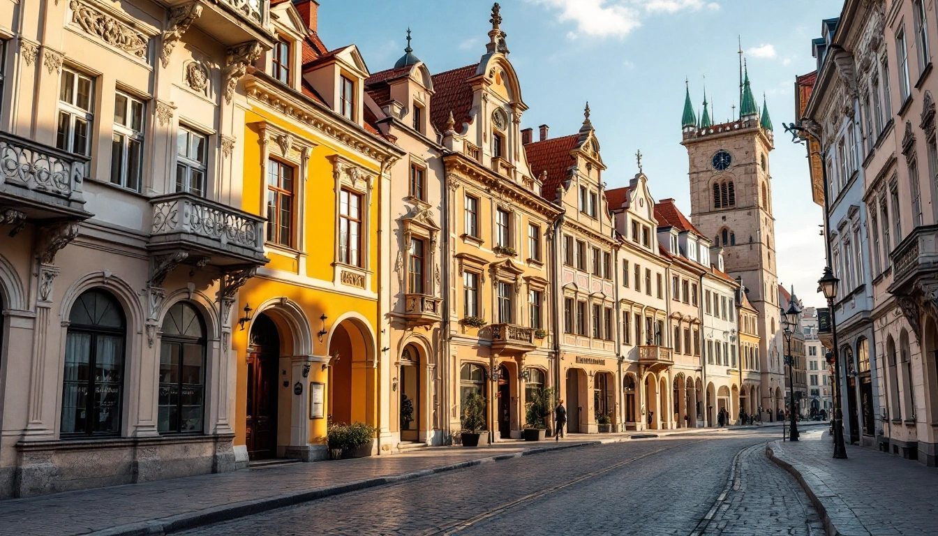 Ornate Art Nouveau stone facades on a quiet Riga street in daylight