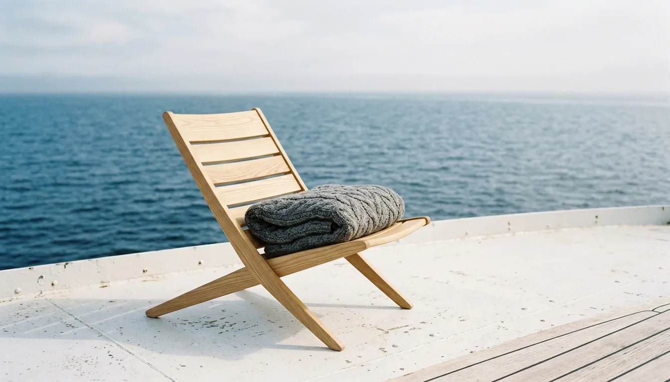 A wooden deck chair with a folded wool blanket on a ferry deck facing the open sea