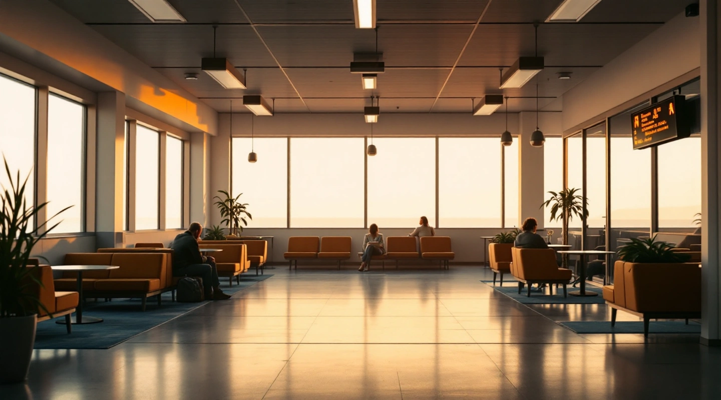 A modern ferry terminal building with passengers waiting near large windows