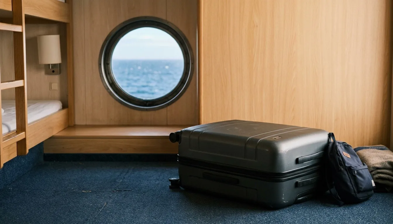 A suitcase and a small backpack in a compact ferry cabin with a porthole view of the sea