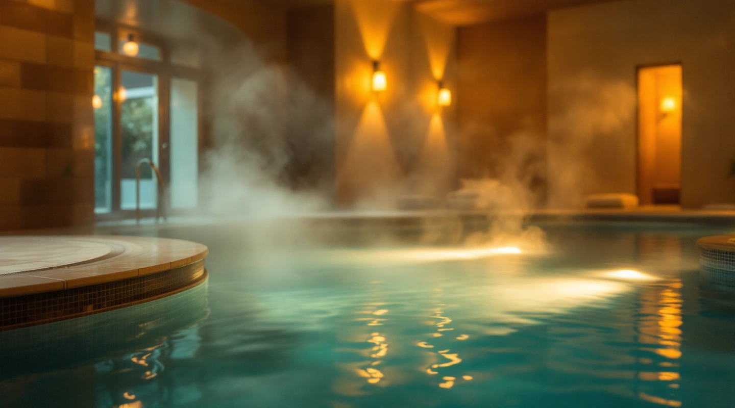 A calm hotel spa pool area with soft overhead lighting