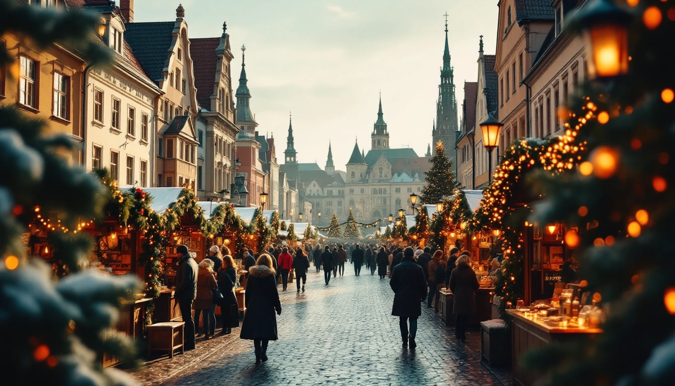 Christmas market stalls and string lights across Tallinn's Town Hall Square in daylight