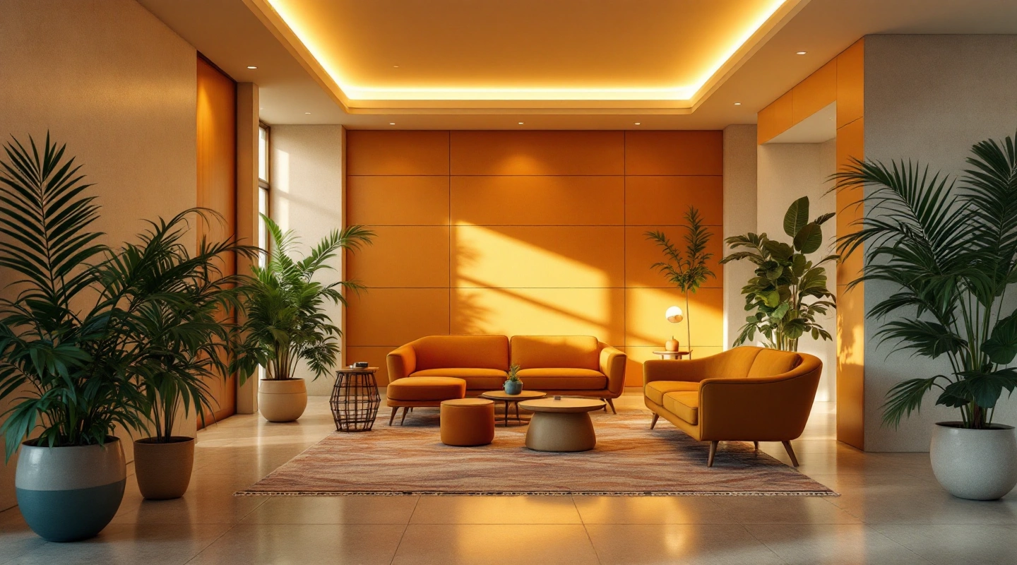 A tidy modern hotel lobby with warm lighting and simple furnishings