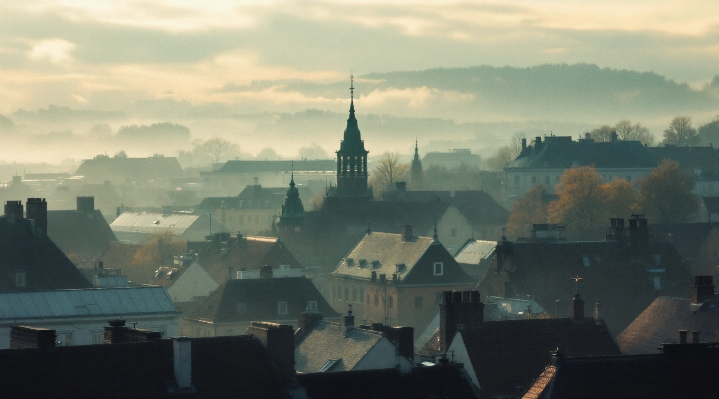 Soft autumn light over Tallinn's rooftops with a light mist in the air