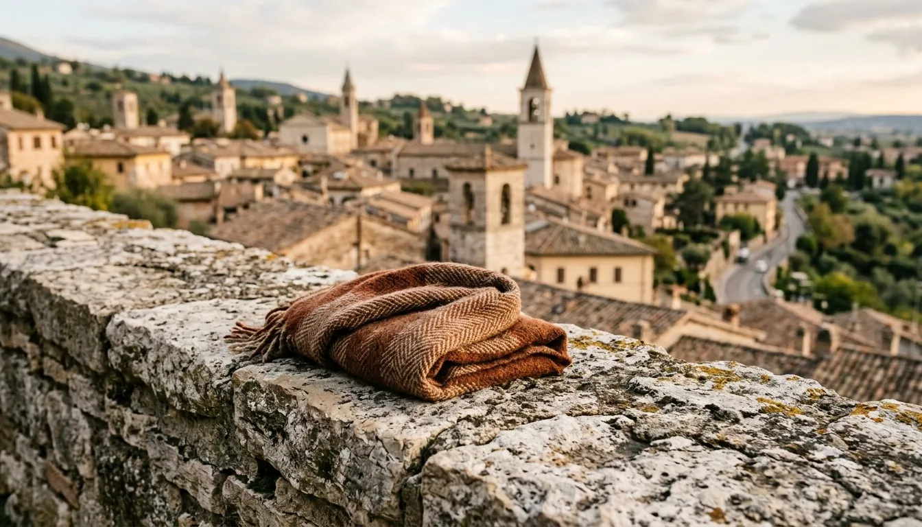 A folded wool scarf on an old stone wall above a town of church towers and tiled roofs