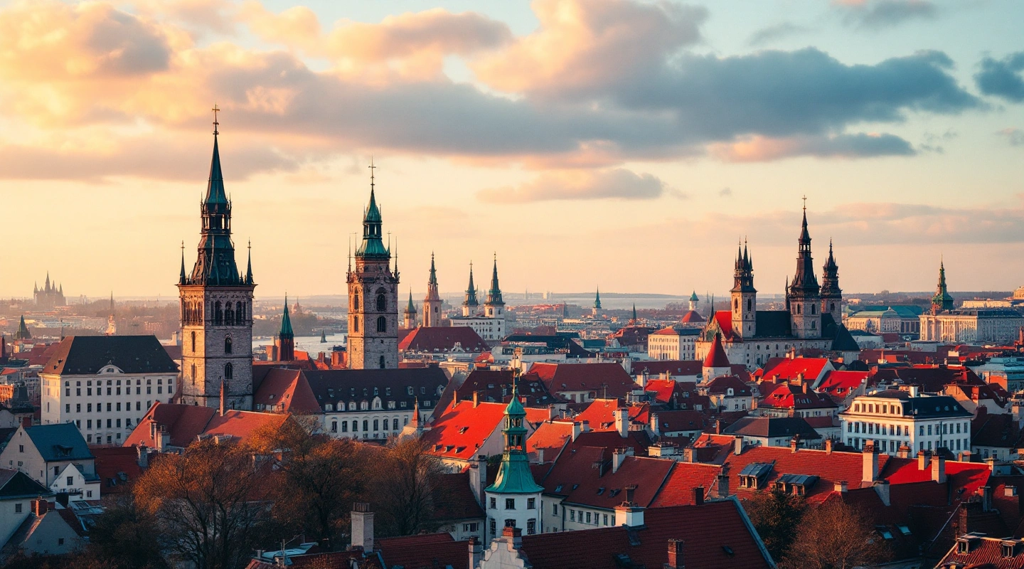 Medieval towers and red rooftops of Tallinn's Old Town at golden hour