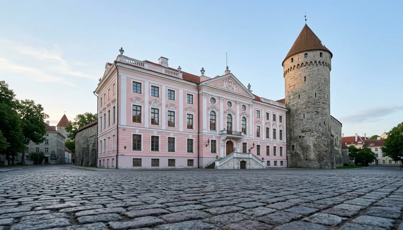 The pink baroque front of Toompea Castle beside the round stone Tall Hermann tower, across an empty cobbled square