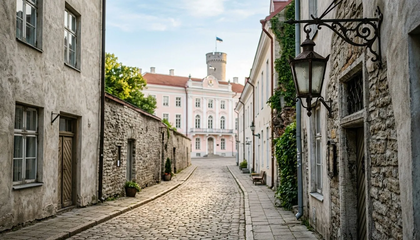 A cobbled Upper Town lane leading to the pink baroque front of Toompea Castle, with the Estonian flag on Tall Hermann