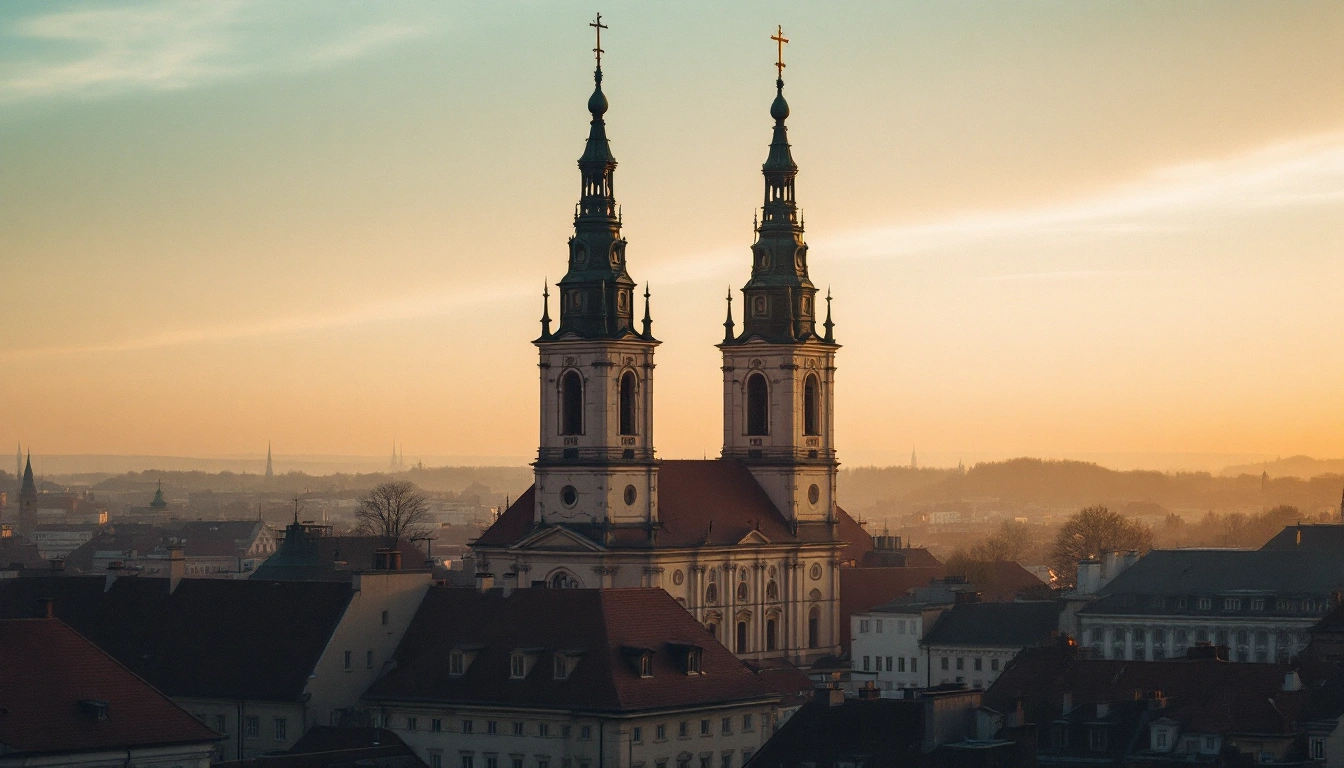 Baroque church towers above Vilnius Old Town rooftops at sunrise