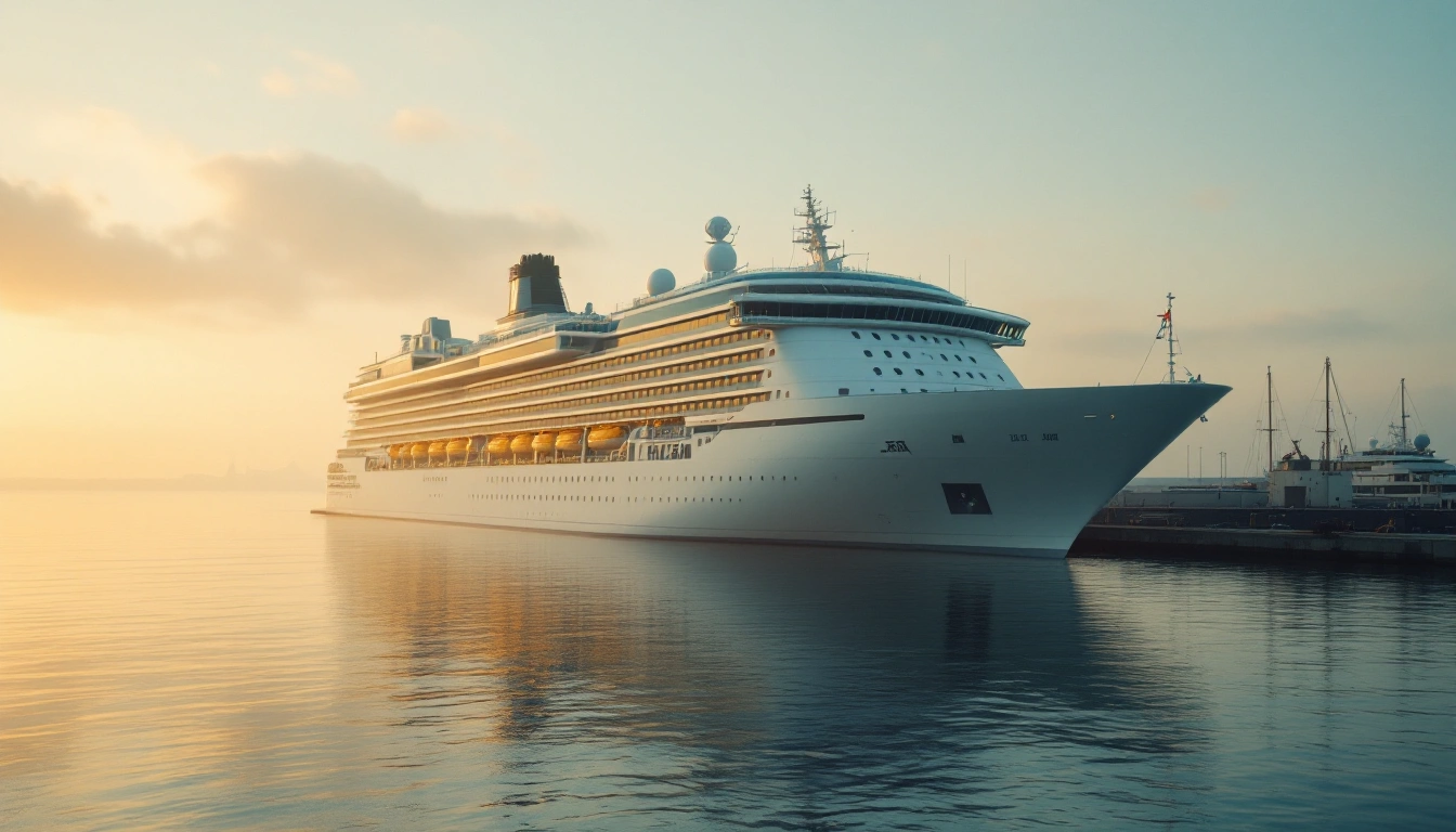 A sleek modern cruise ship at a Baltic port in soft morning light