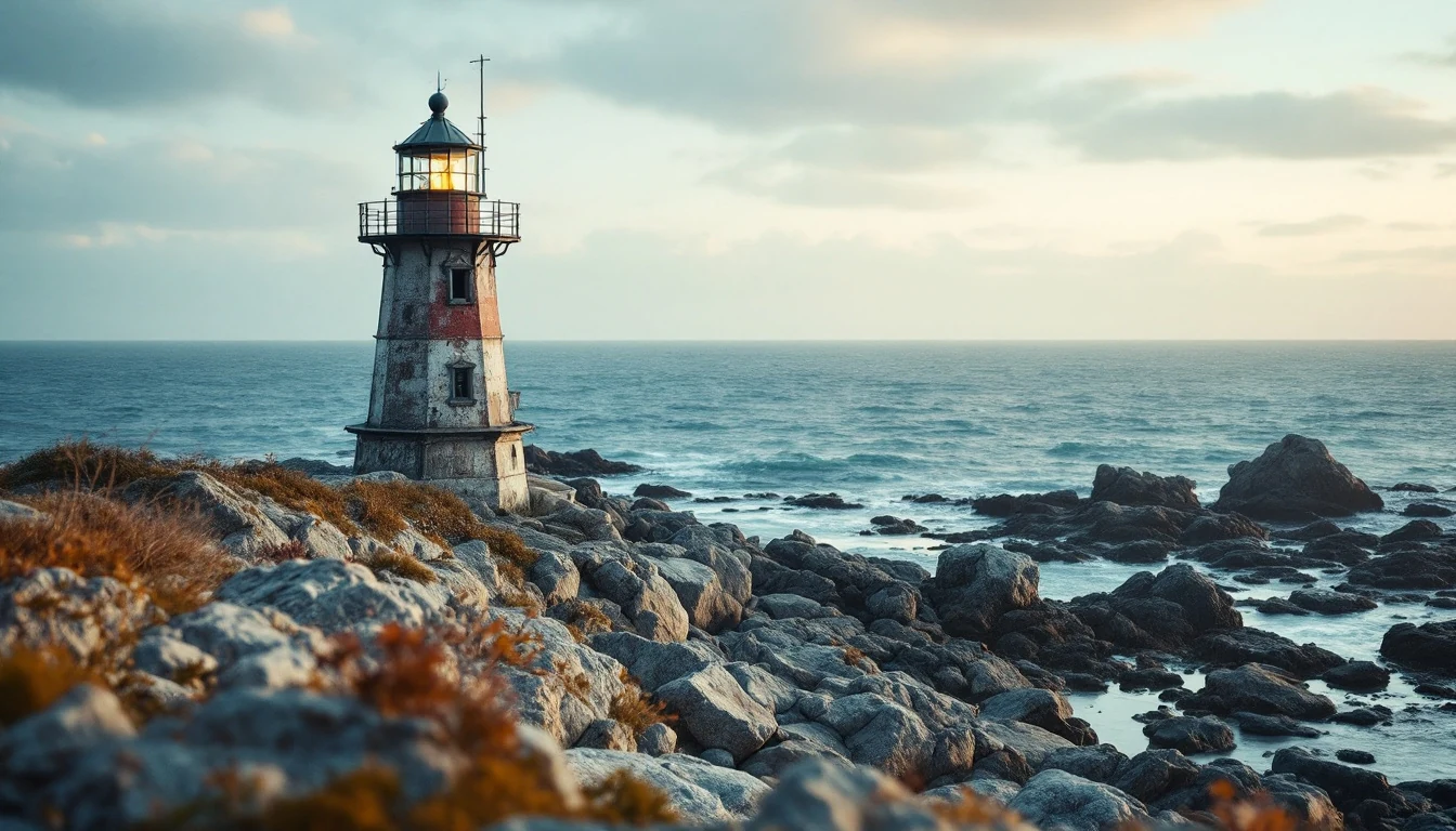 A weathered lighthouse on a rocky shoreline with the ocean and cloudy sky in the background